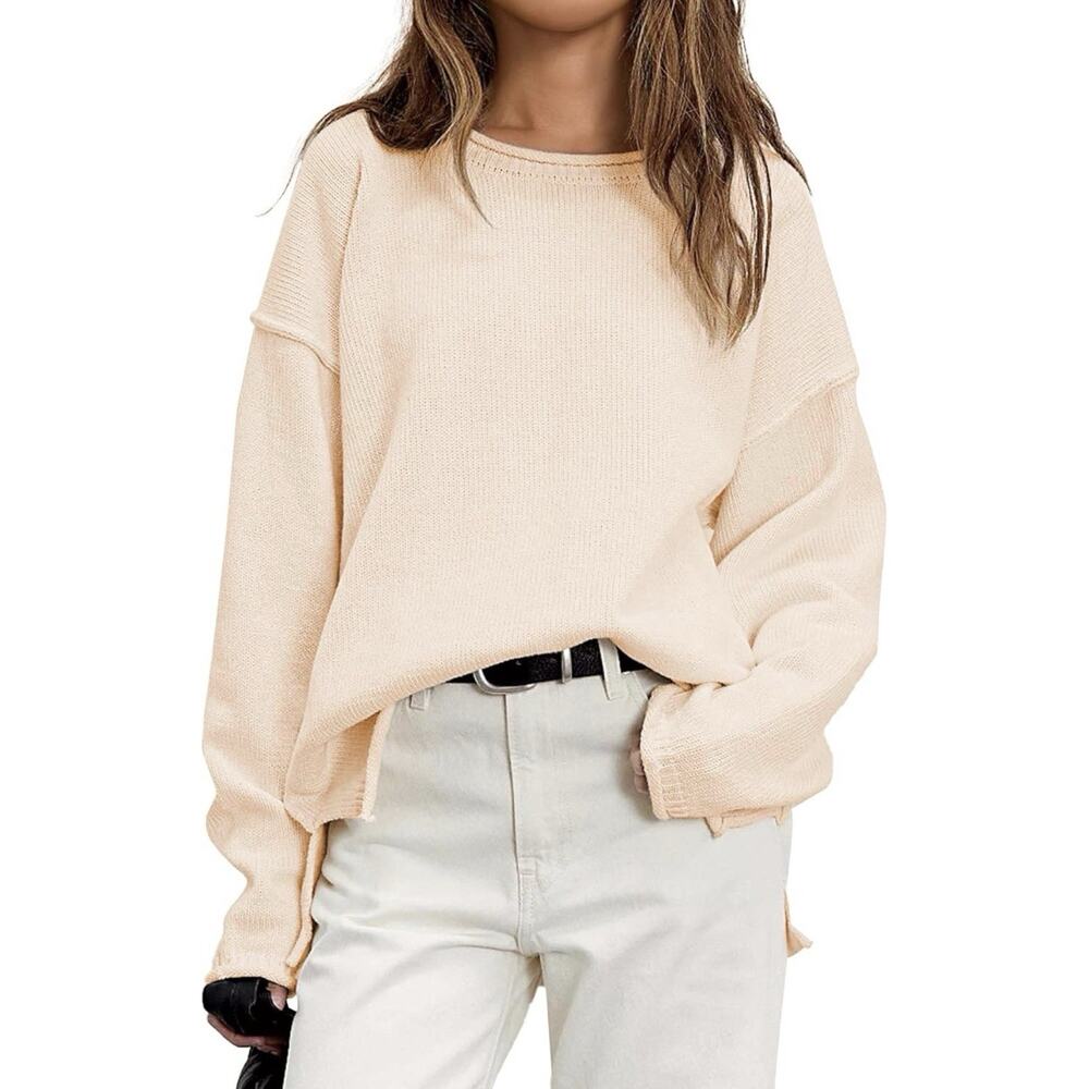 Women’s Medium Apricot Lightweight Knit Sweater Oversized Crew Neck Casual